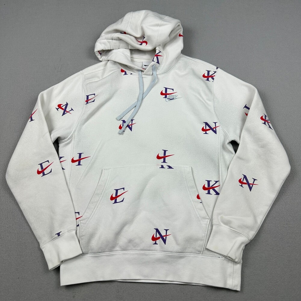 Nike Hoodie Men S White Club Fleece All Over Print Letter Swoosh Repeat Pullover